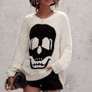 Cream Skull Popcorn Fuzzy Oversized Sweater Top